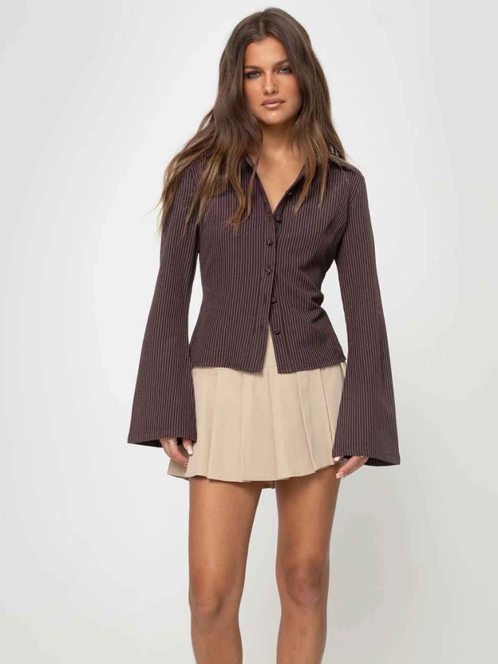 Princess Polly Brown Pinstripe Cropped Shirt